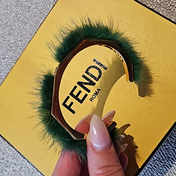 Fendi Jewelry - Fendi Gold FF Logo Green Mink Bangle Bracelet 💚